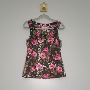 LOFT Sleeveless Floral Top Small Pink Brown Satin Ruffle Y2K Office Career Work